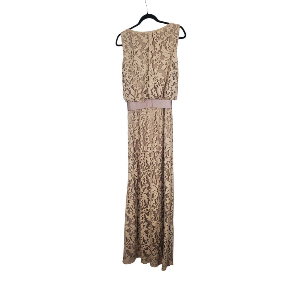Preloved Tadashi Shoji Tan Sandy Beige Maxi Long Lace Belted Dress Floral Sz 6 - Picture 3 of 6